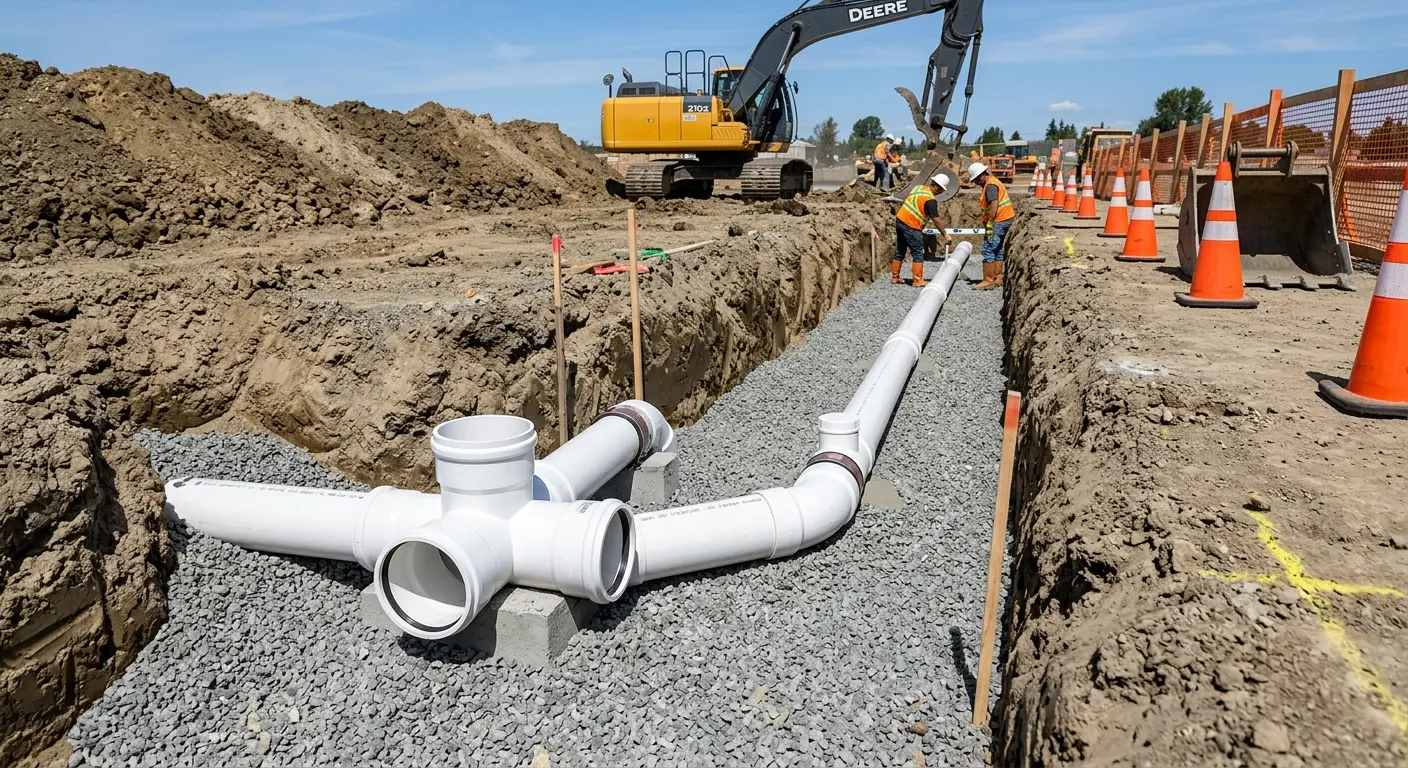 New PVC sewer pipe installation in open trench for Commercial Drain Cleaning in San Tan Valley