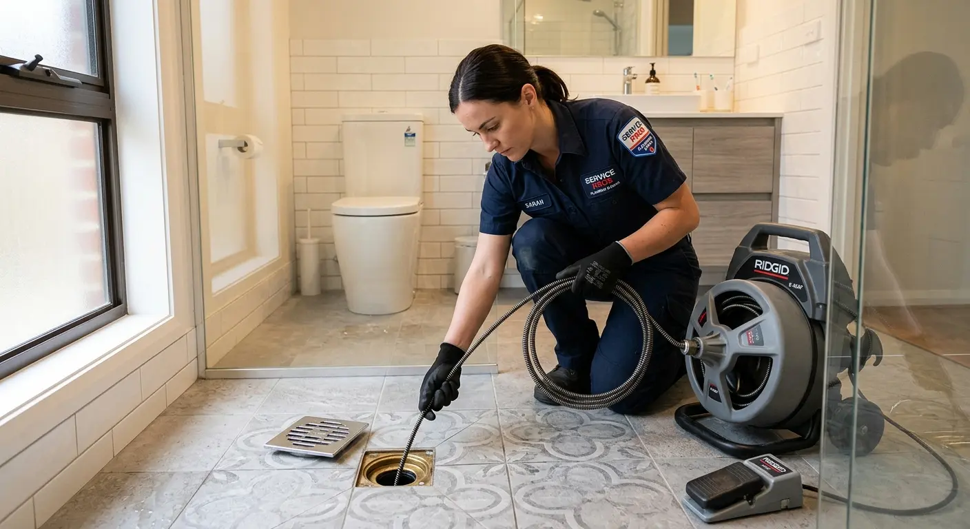 Technician clearing a bathroom floor drain for Sewer Line Replacement in San Tan Valley
